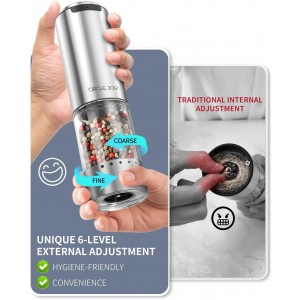 CIRCLE JOY Electric Pepper Grinder Stainless Steel Rechargeable Pepper Mill with External Adjustable Coarseness, 95ml Container and White LED Light, Silver