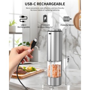 CIRCLE JOY Electric Pepper Grinder Stainless Steel Rechargeable Pepper Mill with External Adjustable Coarseness, 95ml Container and White LED Light, Silver