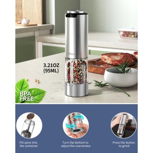 CIRCLE JOY Electric Pepper Grinder Stainless Steel Rechargeable Pepper Mill with External Adjustable Coarseness, 95ml Container and White LED Light, Silver