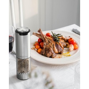 CIRCLE JOY Electric Pepper Grinder Stainless Steel Rechargeable Pepper Mill with External Adjustable Coarseness, 95ml Container and White LED Light, Silver