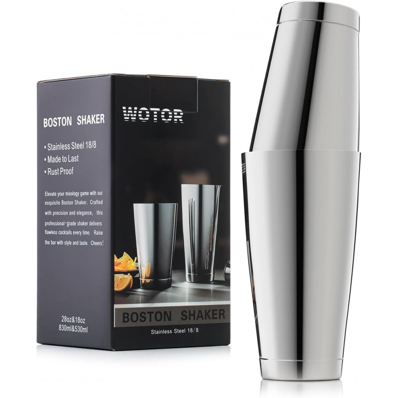 WOTOR Boston Cocktail Shaker Set, 18 oz & 28 oz Stainless Steel Weighted Shaker Tins, Metal Martini Shaker Drink Mixer for Bartending, professional Bar Tools for Bartender （Sliver）