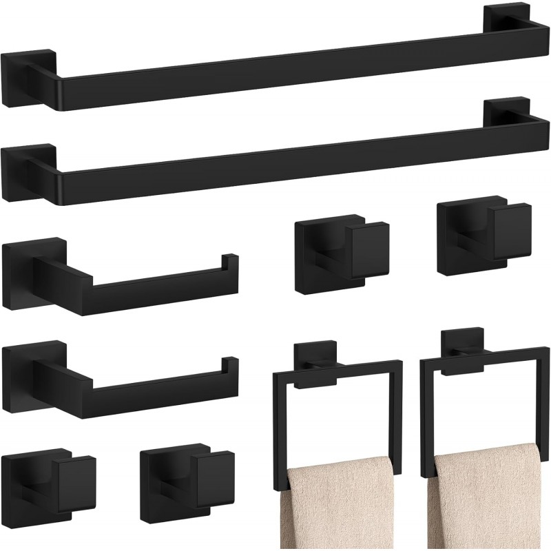 10-Pieces Matte Black Bathroom Accessories Set, 23.6 Inch Bath Towel Bar Set, SUS 304 Stainless Steel Bathroom Hardware Set, Towel Racks for Bathroom Wall Mounted.