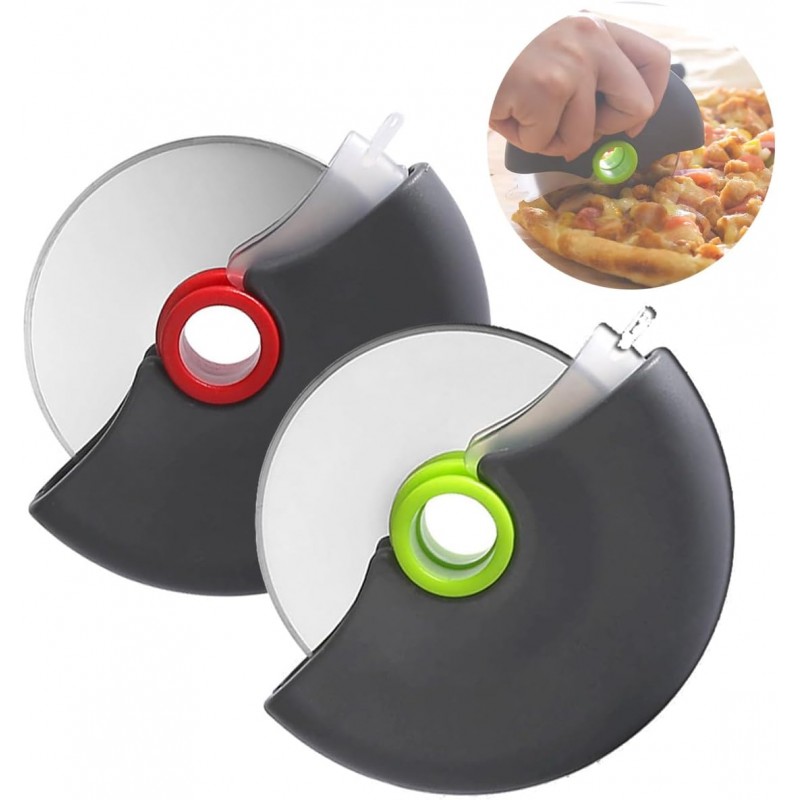 Pizza Cutter Wheel Set of 2 - Pizza Slicer with Protective Blade Cover - Premium Spuer Sharp 18/8 Stainless Steel