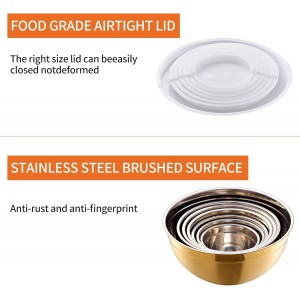 Gold Mixing Bowls with Airtight Lids, Stainless Steel Nesting Mixing Bowls Set of 7, Ideal for Baking, Prepping and Serving Food, Size 7, 3.6, 2.7, 2.1, 1.5, 1.1,0.8 QT, Stackable Design