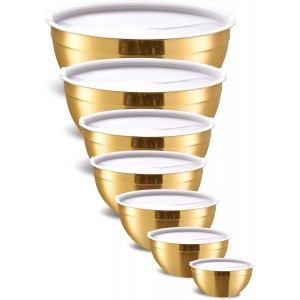 Gold Mixing Bowls with Airtight Lids, Stainless Steel Nesting Mixing Bowls Set of 7, Ideal for Baking, Prepping and Serving Food, Size 7, 3.6, 2.7, 2.1, 1.5, 1.1,0.8 QT, Stackable Design