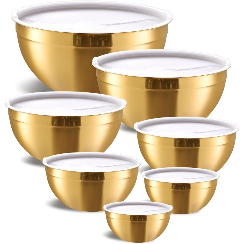 Gold Mixing Bowls with Airtight Lids, Stainless Steel Nesting Mixing Bowls Set of 7, Ideal for Baking, Prepping and Serving Food, Size 7, 3.6, 2.7, 2.1, 1.5, 1.1,0.8 QT, Stackable Design