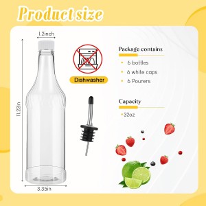 Dandat 12 Pieces 32 oz Plastic Long Neck Bottles with Pourer and Caps Plastic Juice Pour Bottles with Stainless Steel Pourers Tapered Spout for Liquor (Silver Bottle Pourer)