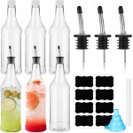 Dandat 12 Pieces 32 oz Plastic Long Neck Bottles with Pourer and Caps Plastic Juice Pour Bottles with Stainless Steel Pourers Tapered Spout for Liquor (Silver Bottle Pourer)
