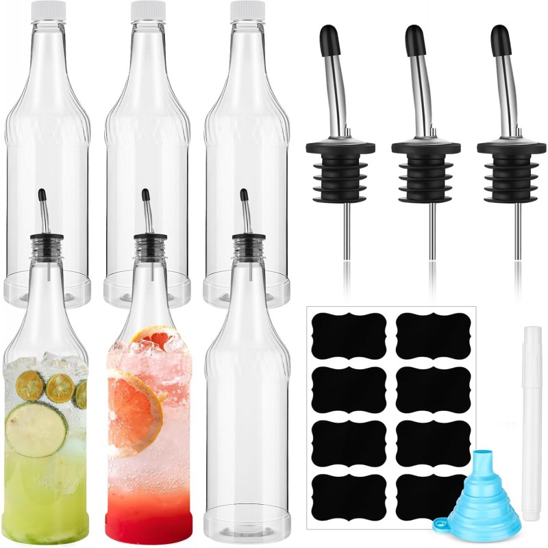 Dandat 12 Pieces 32 oz Plastic Long Neck Bottles with Pourer and Caps Plastic Juice Pour Bottles with Stainless Steel Pourers Tapered Spout for Liquor (Silver Bottle Pourer)