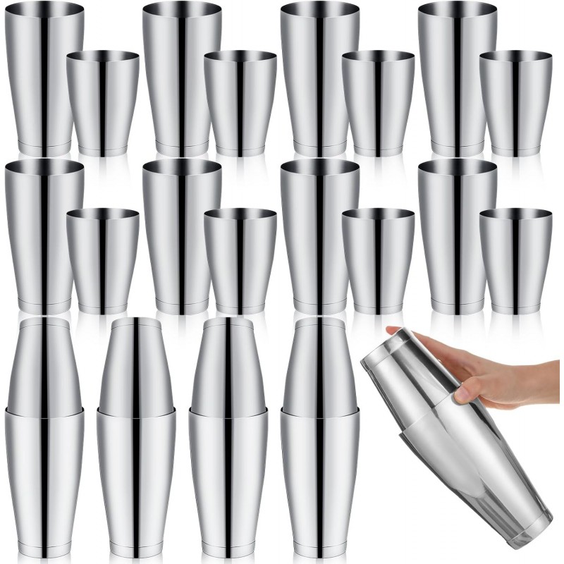 Zhehao 24 Pcs Silver Cocktail Shaker Professional Bar Boston Shaker Set Stainless Steel Martini Shake Drink Mixer Basic Tool Weighted Shake Metal Can Bartending Tins for Beginner, 18oz, 28oz