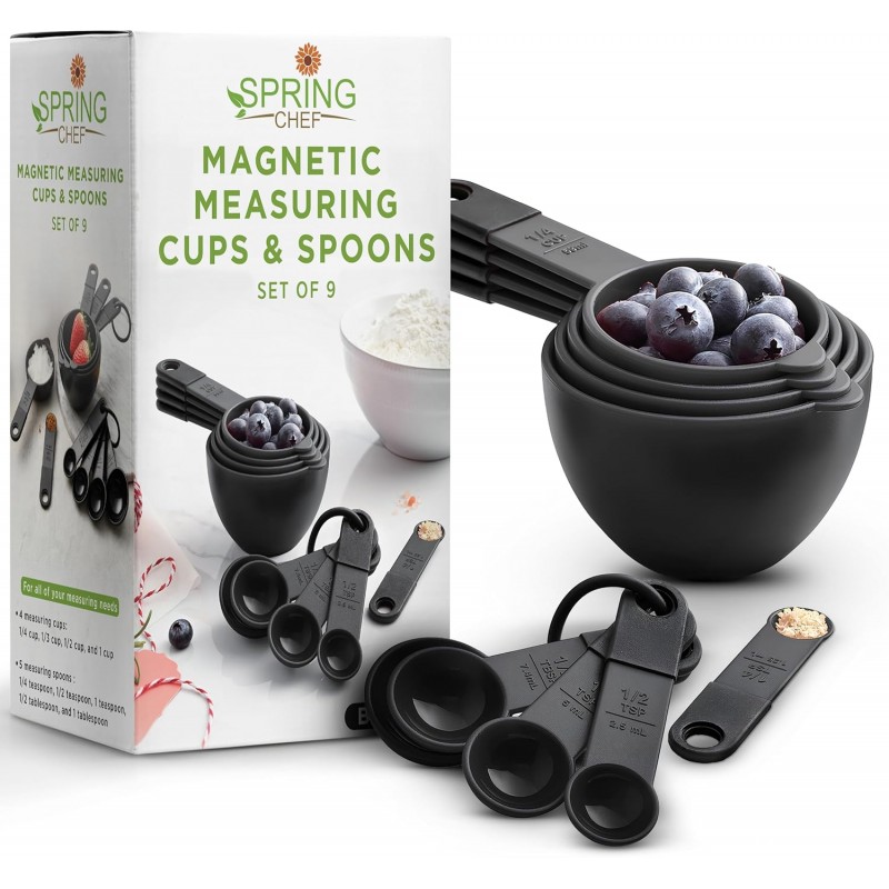 Spring Chef Magnetic Measuring Cups and Spoons Set of 9, Nesting Kitchen Tool with Easy to Read Markings for Measuring Dry or Liquid Ingredient, BPA Free, Black