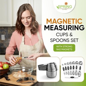 Spring Chef Magnetic Measuring Cups & Spoons Set, Patented, Strong N45 Magnets, Heavy Duty Stainless Steel Fits in Spice Jars for Baking & Cooking, BPA Free, Round Set of 15 with Leveler, Black
