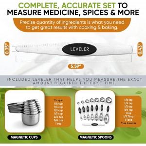 Spring Chef Magnetic Measuring Cups & Spoons Set, Patented, Strong N45 Magnets, Heavy Duty Stainless Steel Fits in Spice Jars for Baking & Cooking, BPA Free, Round Set of 15 with Leveler, Black