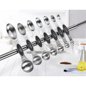 Spring Chef Magnetic Measuring Cups & Spoons Set, Patented, Strong N45 Magnets, Heavy Duty Stainless Steel Fits in Spice Jars for Baking & Cooking, BPA Free, Round Set of 15 with Leveler, Black