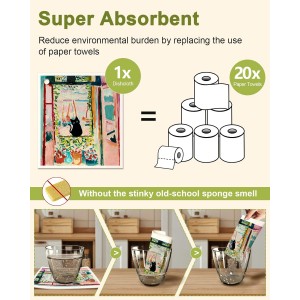 6 Pack Swedish Dishcloths for Kitchen - Reusable Dish Cloths for Washing Dishes Absorbent Cute Funny Kitchen Towels Cleaning Sponge, Floral Cat