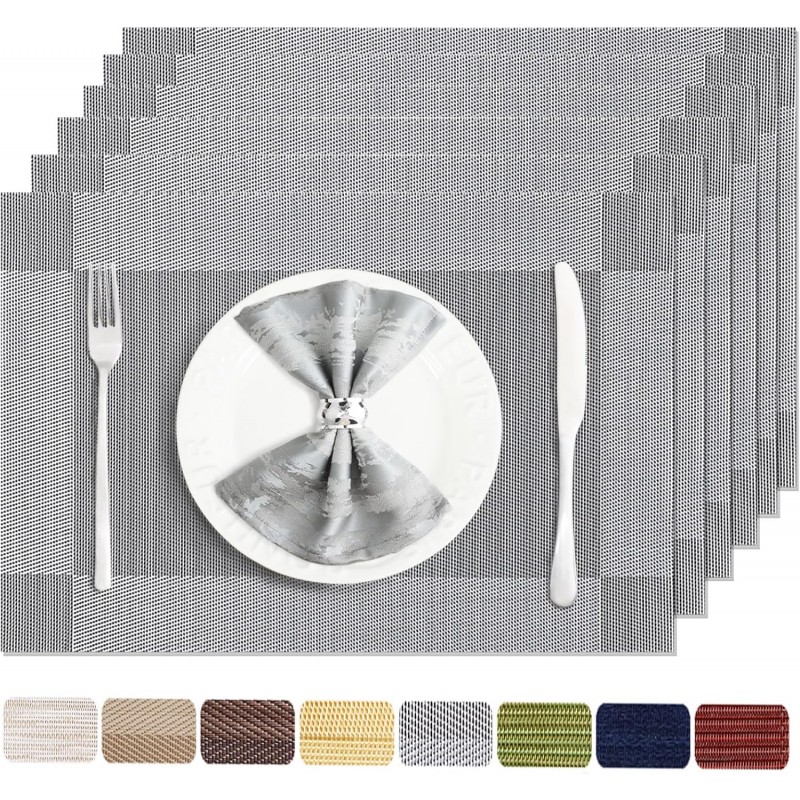 Placemats Set of 6 Washable&Wipeable Silver Place mats for Dining Table Kitchen Indoor Outdoor Table Mats Heat Resistant Non Slip Woven Vinyl Table Placemats (Grey，6PCS)