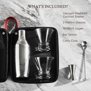 KITESSENSU Cocktail Shaker Set with Carry Case: Vacuum Insulated Martini Shaker with Built-in Strainer, 2 Martini Glasses, Measuring Jigger, Bar Mixing Spoon & Cocktail Recipes, Travel Bar Tool Set