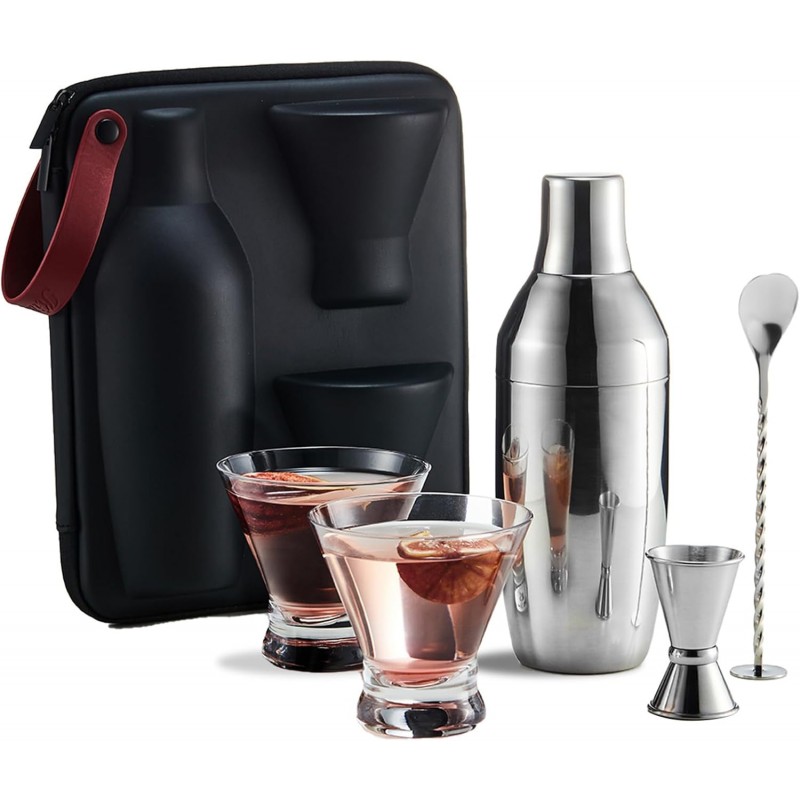 KITESSENSU Cocktail Shaker Set with Carry Case: Vacuum Insulated Martini Shaker with Built-in Strainer, 2 Martini Glasses, Measuring Jigger, Bar Mixing Spoon & Cocktail Recipes, Travel Bar Tool Set