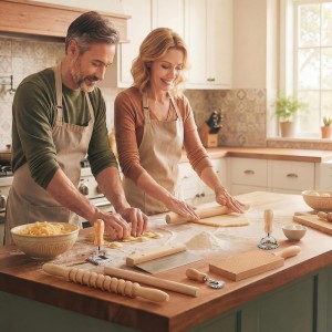 Tioncy 7 Pcs Pasta Making Tool Set Wood Gnocchi Board with Ravioli Stamp Ravioli Maker and Rolling Pin for Gnocchi Garganelli Italian Pasta Tools for Beginners and Home Cooks Kitchen Gift