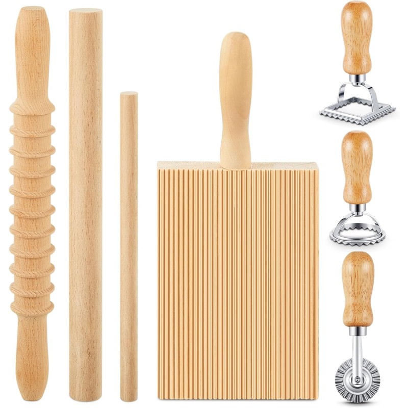 Tioncy 7 Pcs Pasta Making Tool Set Wood Gnocchi Board with Ravioli Stamp Ravioli Maker and Rolling Pin for Gnocchi Garganelli Italian Pasta Tools for Beginners and Home Cooks Kitchen Gift
