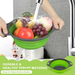 AUAUY 2 Pack Collapsible Colander Set, Round Silicone Folding Collapsible Strainers with Plastic Handles, Eco-Friendly Food Strainer for Kitchen Draining Pasta Vegetables Fruits-1 Large and 1 Small