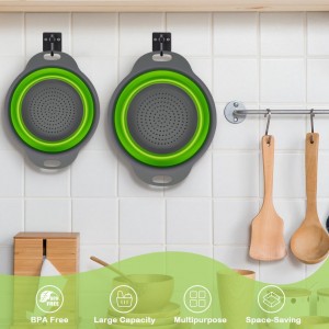 AUAUY 2 Pack Collapsible Colander Set, Round Silicone Folding Collapsible Strainers with Plastic Handles, Eco-Friendly Food Strainer for Kitchen Draining Pasta Vegetables Fruits-1 Large and 1 Small