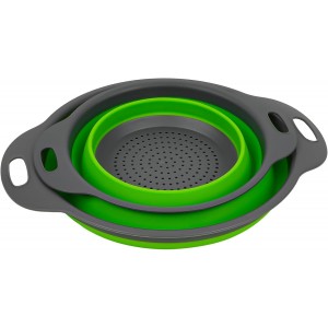 AUAUY 2 Pack Collapsible Colander Set, Round Silicone Folding Collapsible Strainers with Plastic Handles, Eco-Friendly Food Strainer for Kitchen Draining Pasta Vegetables Fruits-1 Large and 1 Small