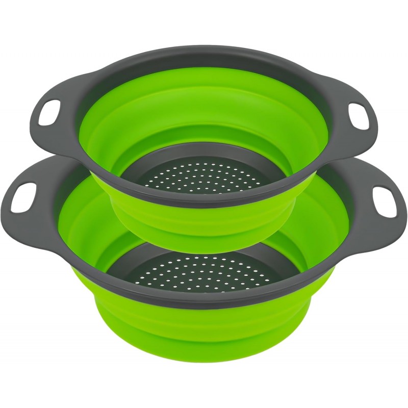 AUAUY 2 Pack Collapsible Colander Set, Round Silicone Folding Collapsible Strainers with Plastic Handles, Eco-Friendly Food Strainer for Kitchen Draining Pasta Vegetables Fruits-1 Large and 1 Small