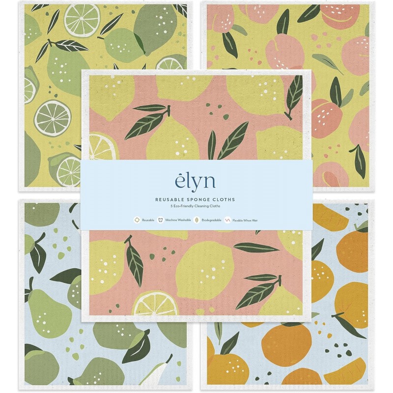 ELYN Swedish Dishcloths, Reusable & Washable Sponge Cloths, Absorbent Cleaning Paper Towels for Kitchen, Dishes, Counters and More, 5 Pack, Assorted Fruit Pattern