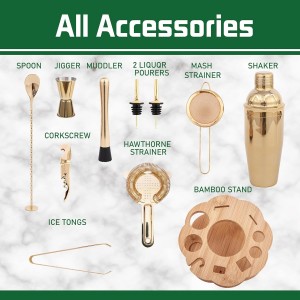 Cocktail Shaker Set Bartender Kit with Rotatble Bamboo Stand,11 Piece Bar Set Stainless Steel Bar Accessories for Drink Mixing, Bar, Home, Party (Gold)