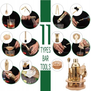 Cocktail Shaker Set Bartender Kit with Rotatble Bamboo Stand,11 Piece Bar Set Stainless Steel Bar Accessories for Drink Mixing, Bar, Home, Party (Gold)