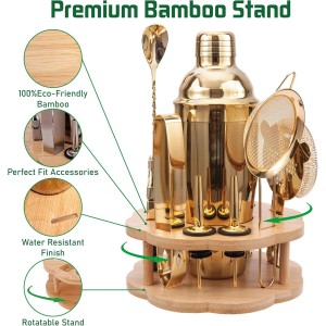 Cocktail Shaker Set Bartender Kit with Rotatble Bamboo Stand,11 Piece Bar Set Stainless Steel Bar Accessories for Drink Mixing, Bar, Home, Party (Gold)