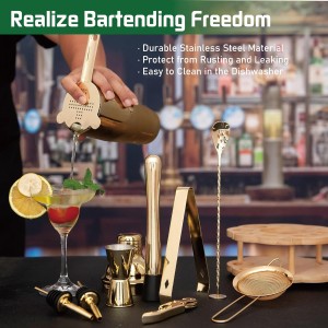 Cocktail Shaker Set Bartender Kit with Rotatble Bamboo Stand,11 Piece Bar Set Stainless Steel Bar Accessories for Drink Mixing, Bar, Home, Party (Gold)