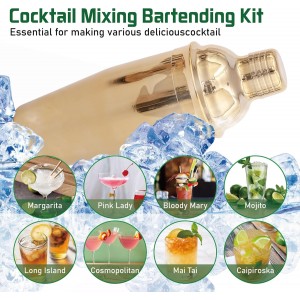 Cocktail Shaker Set Bartender Kit with Rotatble Bamboo Stand,11 Piece Bar Set Stainless Steel Bar Accessories for Drink Mixing, Bar, Home, Party (Gold)