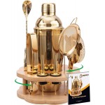 Cocktail Shaker Set Bartender Kit with Rotatble Bamboo Stand,11 Piece Bar Set Stainless Steel Bar Accessories for Drink Mixing, Bar, Home, Party (Gold)