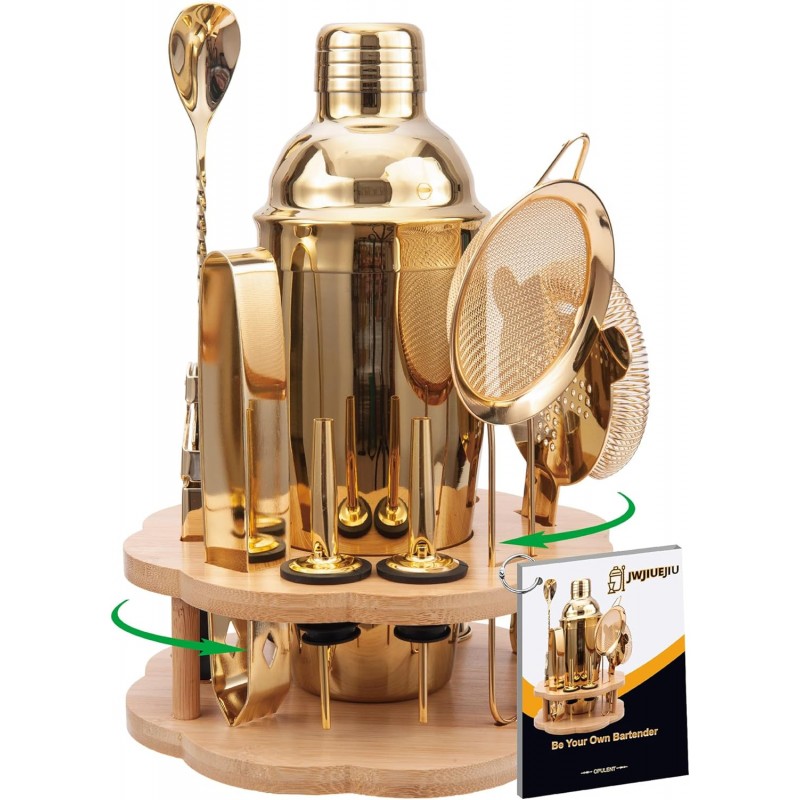 Cocktail Shaker Set Bartender Kit with Rotatble Bamboo Stand,11 Piece Bar Set Stainless Steel Bar Accessories for Drink Mixing, Bar, Home, Party (Gold)