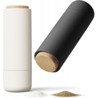 Non-Spill Salt and Pepper Grinder Set - Adjustable Ceramic Grinder - Minimalistic Spice Mill - Easy to Refill Condiments Dispenser - Wood & Soft-Coated Plastic - 6.2 x 2.2 inch (White & Grey)