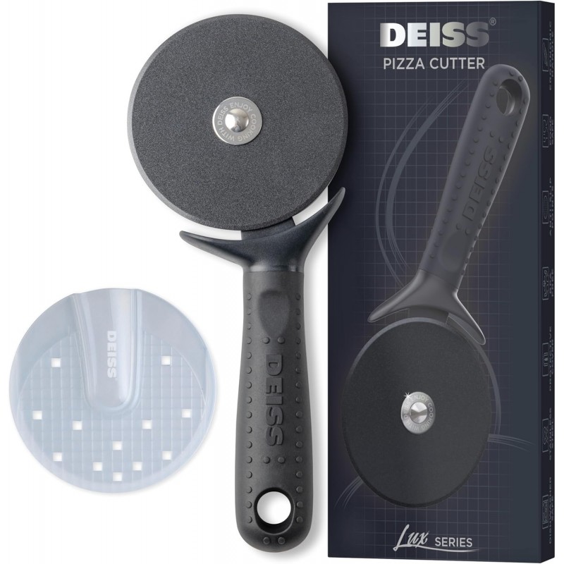 Deiss Lux Heavy Duty Pizza Cutter With Wheel Slicer- Stainless Steel Sharp Smooth Pizza Cutter Wheel With Easy Grip Non-Slip Handle, Dishwasher Safe (BLACK)