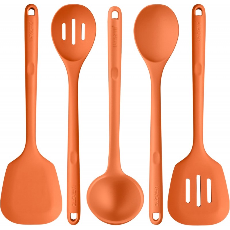 Silicone Kitchen Cooking Utensil Set: U-Taste 600ºF Heat Resistant 13.6in Extra Long Kitchen Tools, Food-Grade Non-Stick Spatula Turner Spoon Ladle for Stir Frying, Serving, Mixing (5 Pieces, Orange)