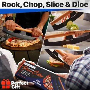 KitchenStar 16-Inch Pizza Cutter Rocker Blade - Razor Sharp Stainless Steel Slicer Knife, Stylish Beech Wood Handle, Protective Cover - Professional Pizza Oven Accessories, Black