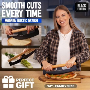 KitchenStar 14-Inch Pizza Cutter Rocker Blade - Razor Sharp Stainless Steel Slicer Knife, Stylish Beech Wood Handle, Protective Cover - Professional Pizza Oven Accessories, Black