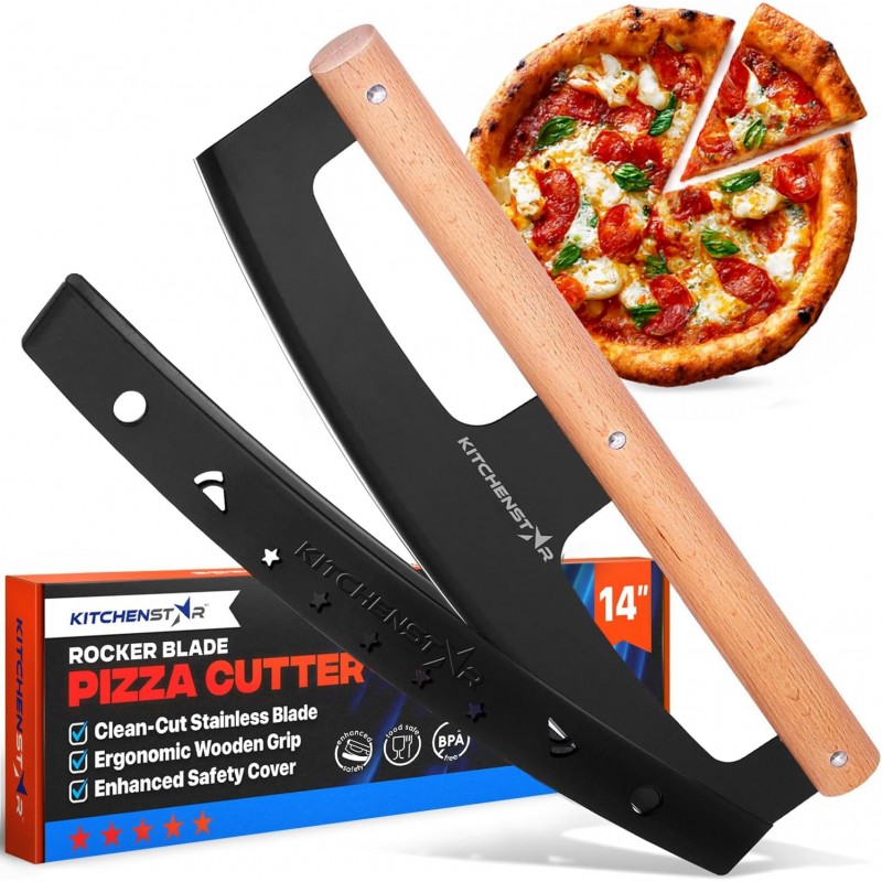 KitchenStar 14-Inch Pizza Cutter Rocker Blade - Razor Sharp Stainless Steel Slicer Knife, Stylish Beech Wood Handle, Protective Cover - Professional Pizza Oven Accessories, Black
