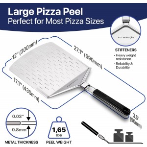 KitchenStar Perforated Pizza Peel 12 inch with 10 inch Folding Handle, Medium - Stainless Steel Spatula Paddle for Effortless Pizza Transfer & Easy Storrage - Outdoor Pizza Oven Accessories