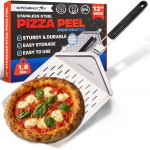 KitchenStar Perforated Pizza Peel 12 inch with 10 inch Folding Handle, Medium - Stainless Steel Spatula Paddle for Effortless Pizza Transfer & Easy Storrage - Outdoor Pizza Oven Accessories
