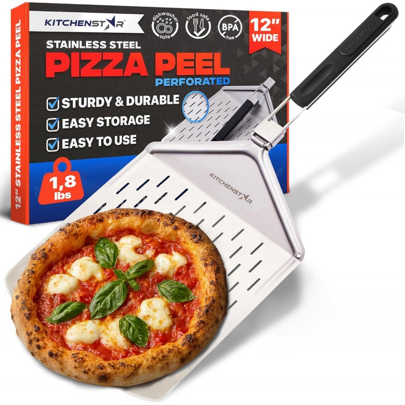 KitchenStar Perforated Pizza Peel 12 inch with 10 inch Folding Handle, Medium - Stainless Steel Spatula Paddle for Effortless Pizza Transfer & Easy Storrage - Outdoor Pizza Oven Accessories