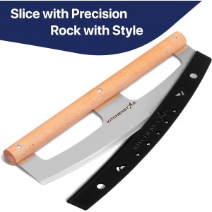 KitchenStar 14-Inch Pizza Cutter Rocker Blade - Razor Sharp Stainless Steel Slicer Knife, Stylish Beech Wood Handle, Protective Cover - Professional Pizza Oven Accessories, Silver