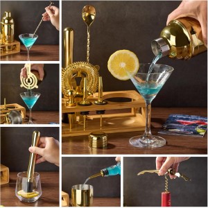 Cocktail Shaker Set Bartender Kit : 12-Piece Bar Tool Set with Bamboo Stand | Bars Set with All Practical Bar Accessories, for Drink Mixing, Bar, Home, Lounge & Party (Gold)