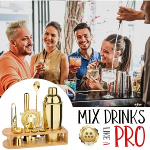 Cocktail Shaker Set Bartender Kit : 12-Piece Bar Tool Set with Bamboo Stand | Bars Set with All Practical Bar Accessories, for Drink Mixing, Bar, Home, Lounge & Party (Gold)