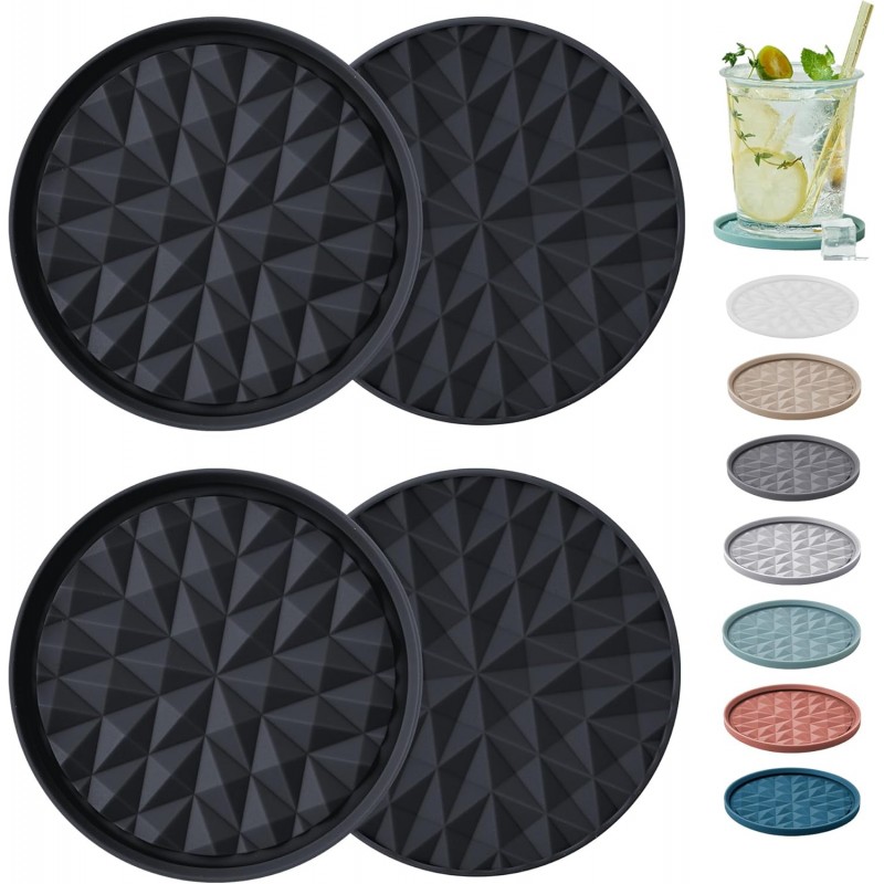Silicone Coasters for Drinks[4 Pack]- Cup Mat for Tabletop Protection-Non-Slip, Non-Stick, Coffee Table Decor, Great Gift for Any Occasion, Black
