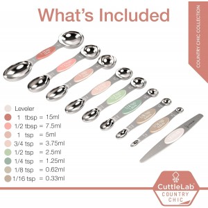 Magnetic Measuring Spoons Set - Stainless Steel, Double Ended, Stackable & Nested Design for Dry and Liquid Ingredients, Ideal for Spice Jars, 9-Piece Set with Leveler (Country Chic)